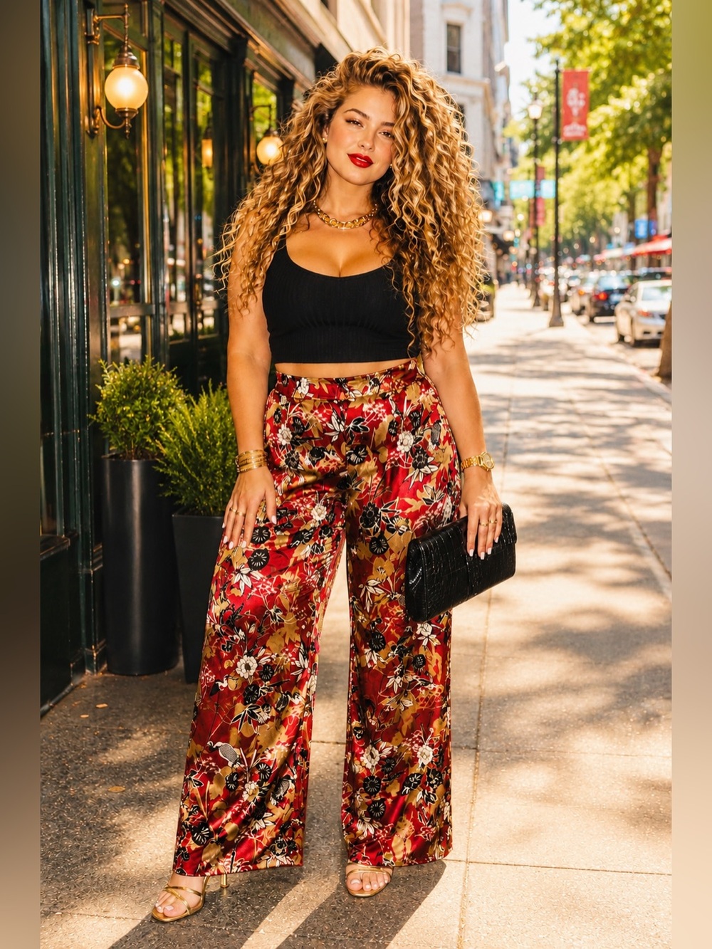 Doncaster 100% Silk Red Floral Wide-Leg Pants